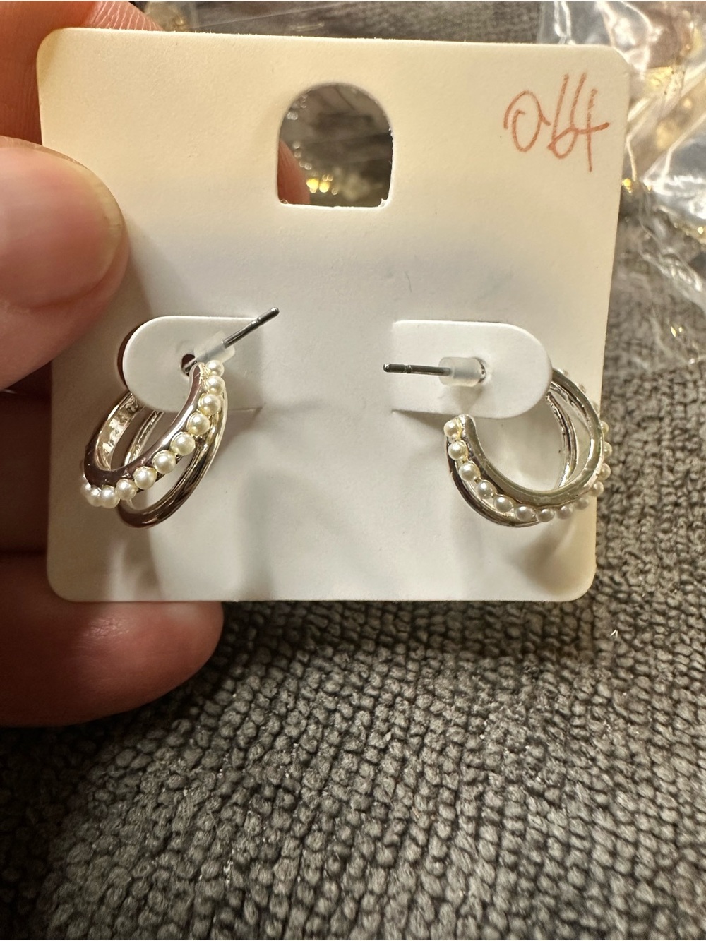 Silver-Tone Double Hoop Earrings with White Pearl Accents